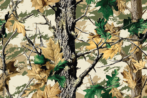 Vector hunting camouflage design. Seamless pattern. Hunting background. Forest. Jungle texture. Real tree pattern. Woodland. Digital camouflage. Oak maple tree pattern. 