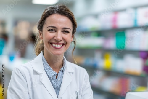 Smiling female natural shot caucasian pharmacist in white coat at pharmacy Free Download Smiling female natural shot caucasian pharmacist in white coat at pharmacy - GFXLoad