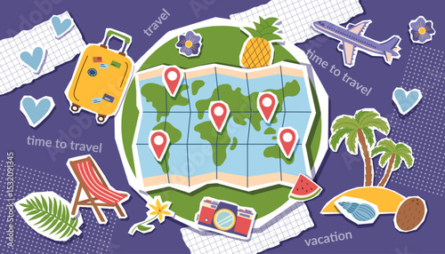 Travel collage banner. Vacation background. Travel destinations concept. Vector flat banner with pins on the map and objects.