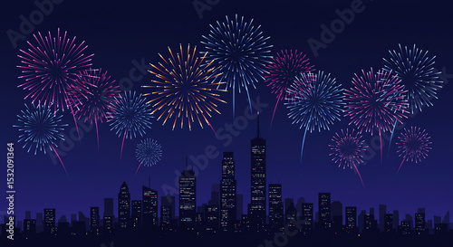 Fireworks over city skyline night