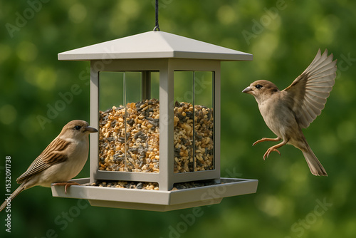 緑の木々を背景に、空中に吊るされた六角形のバードフィーダーで餌をついばむ2羽の小鳥。飛翔と静止の瞬間を捉えた自然豊かで穏やかなワイルドライフ写真
