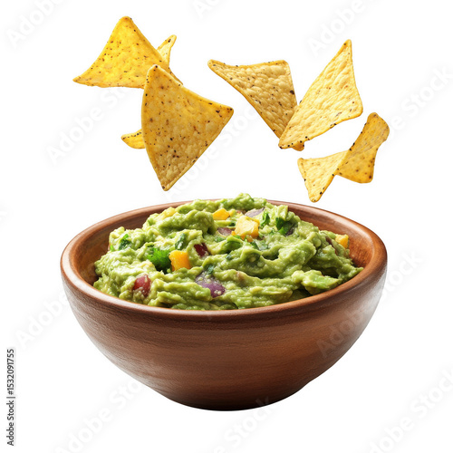 Guacamole dip with tortilla chips isolated on transparent background