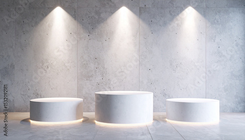 Exhibition space with rough stone textured walls and lighting for lighting with cylinder pedestals.