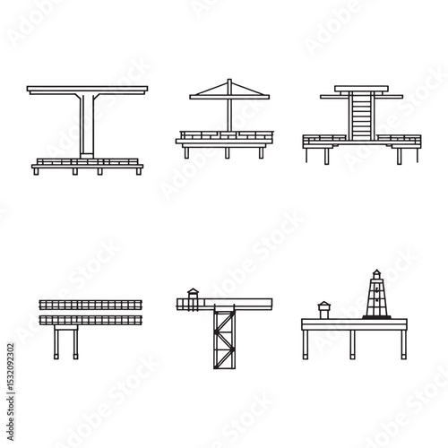Clean line drawing of a pier with calm ocean waves.