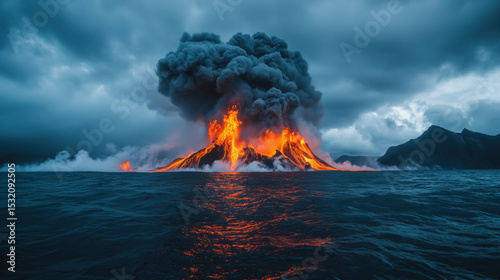 a volcanic island erupting with lava jets and ash drifting over the ocean, viewed from a boat at a safe distance