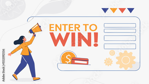 Woman with megaphone announcing enter to win contest with form and prize elements in a modern design style