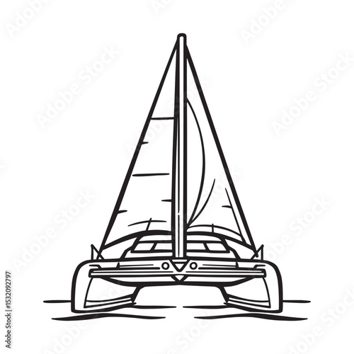 Clean line drawing of catamaran yacht in open ocean scene.