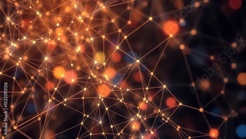 A complex network of interconnected orange lines and dots against a dark blurred background
