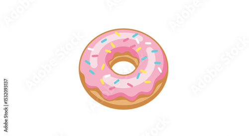 Flat vector of donut with sprinkles on a white background, minimal color palette, clean style.