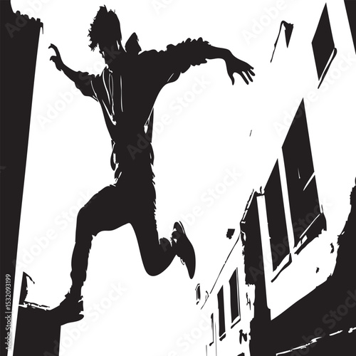 Dynamic Parkour Athlete Leaping Between Buildings - Urban Agility, Freedom & Challenge