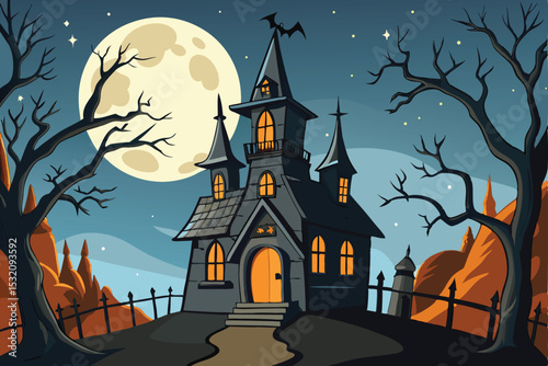 Spooky Halloween night with a haunted house, moon, bats, and pumpkin against a dark sky, perfect for an October celebration card