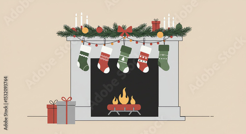 Christmas fireplace decoration illustration