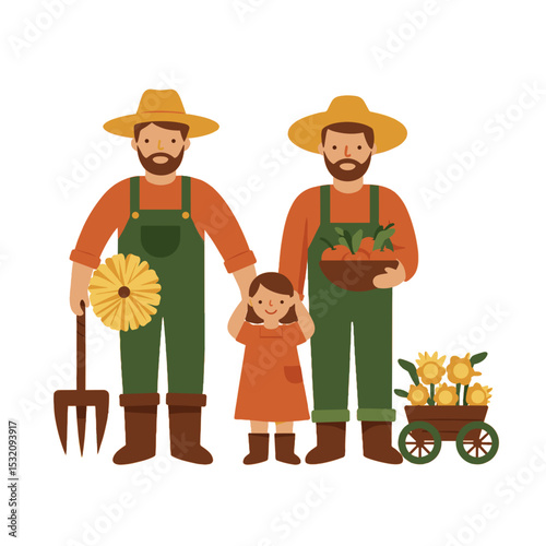 Farming family with vegetables, flowers, and garden tools