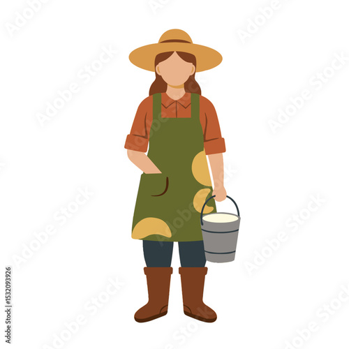 Female farmer holding milk bucket in flat rural illustration