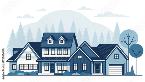 A stylized illustration of a quiet, suburban neighborhood in winter.