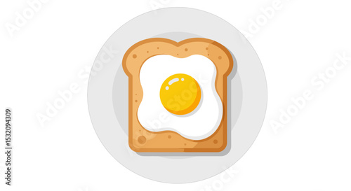 Top-down flat vector of fried egg on toast on plate, white clean background