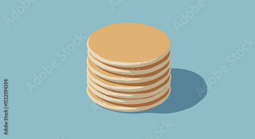 Isometric view of stack of pancakes, minimalist flat design, soft shadows