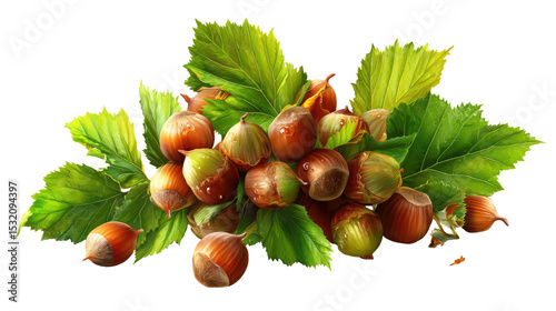 Realistic Hazelnuts with Green Leaves Clustered on Transparent Background


