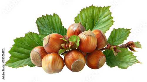 Realistic Hazelnuts with Green Leaves Clustered on Transparent Background

