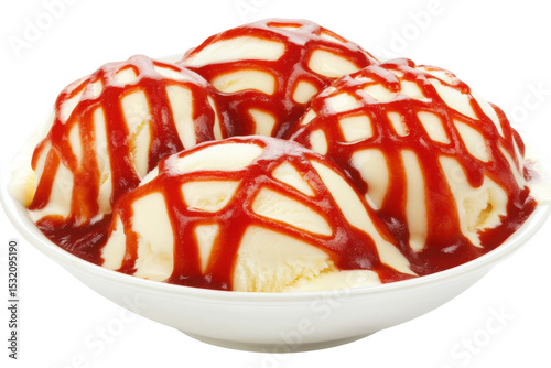 Delicious Vanilla Ice Cream Sundae Topped with Sweet Strawberry Sauce in a White Bowl