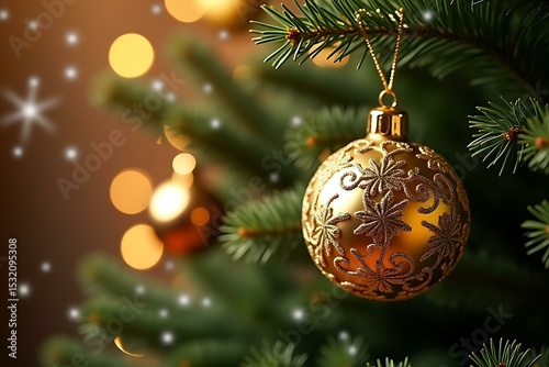 Christmas Golden ornament , tree decorations on red background