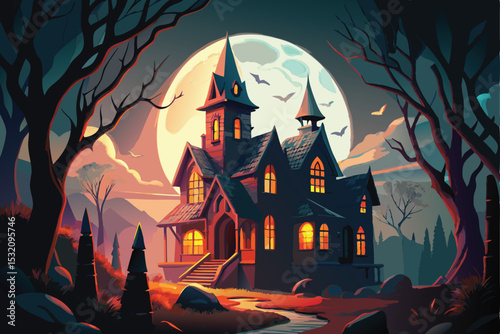 Spooky Halloween night with a haunted house and castle on a hill, silhouetted by the moon and bats, perfect for an autumn celebration illustration