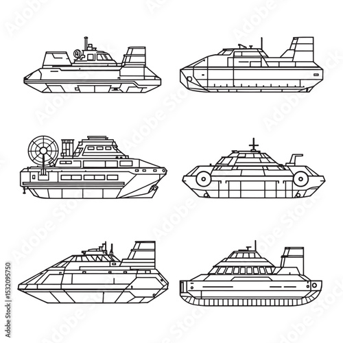 Detailed contour line art of hovercraft in motion concept