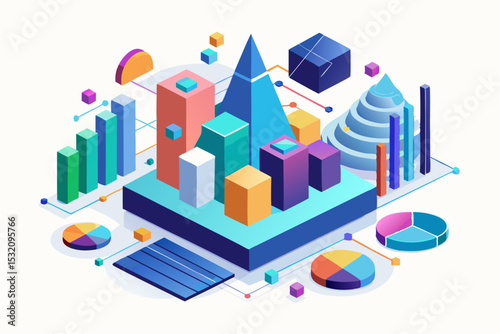 Isometric 3D illustration of a blue bar chart representing financial growth, business performance, or statistical analysis. The image features five ascending bars placed on a tech-style platform.