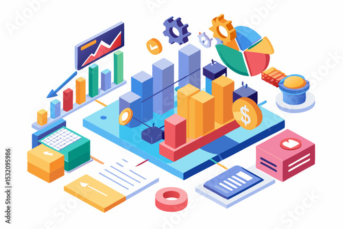 Isometric 3D illustration of a blue bar chart representing financial growth, business performance, or statistical analysis. The image features five ascending bars placed on a tech-style platform.