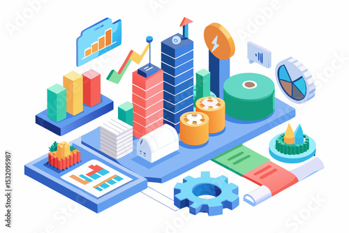 Isometric 3D illustration of a blue bar chart representing financial growth, business performance, or statistical analysis. The image features five ascending bars placed on a tech-style platform.