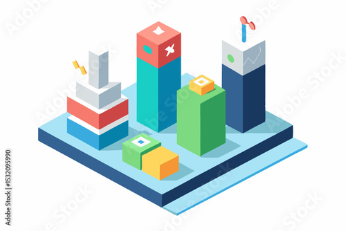 Isometric 3D illustration of a blue bar chart representing financial growth, business performance, or statistical analysis. The image features five ascending bars placed on a tech-style platform.