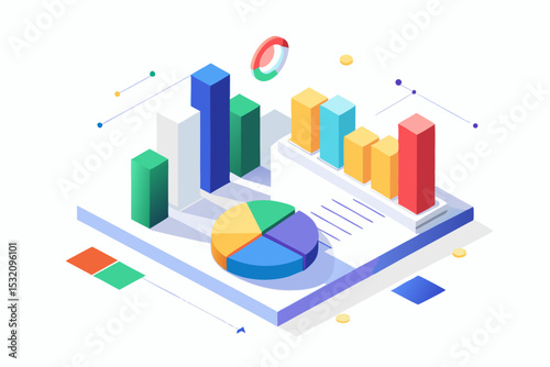 Isometric 3D illustration of a blue bar chart representing financial growth, business performance, or statistical analysis. The image features five ascending bars placed on a tech-style platform.