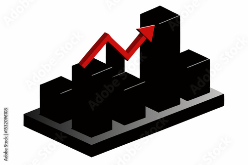 Isometric 3D illustration of a blue bar chart representing financial growth, business performance, or statistical analysis. The image features five ascending bars placed on a tech-style platform.