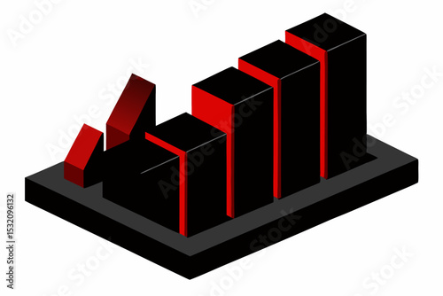 Isometric 3D illustration of a blue bar chart representing financial growth, business performance, or statistical analysis. The image features five ascending bars placed on a tech-style platform.