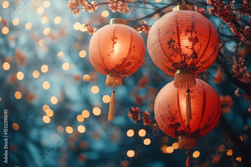 Vibrant Chinese New Year celebration scene with traditional red lanterns, golden dragon decorations and colorful fireworks lighting up the night sky. Prosperity and good fortune for the Lunar New Year
