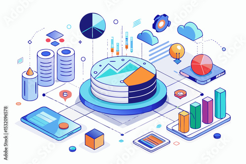 Isometric 3D illustration of a blue bar chart representing financial growth, business performance, or statistical analysis. The image features five ascending bars placed on a tech-style platform.