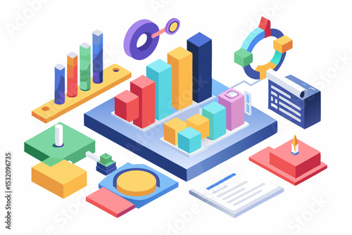 Isometric 3D illustration of a blue bar chart representing financial growth, business performance, or statistical analysis. The image features five ascending bars placed on a tech-style platform.