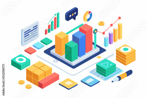 Isometric 3D illustration of a blue bar chart representing financial growth, business performance, or statistical analysis. The image features five ascending bars placed on a tech-style platform.