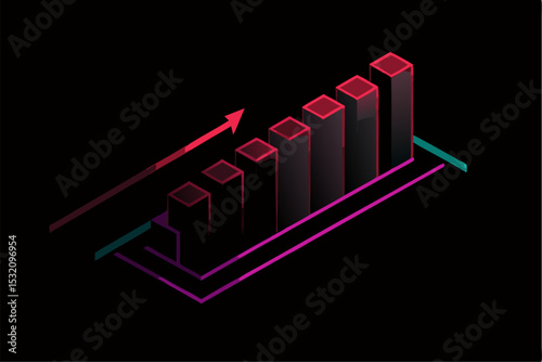 Isometric 3D illustration of a blue bar chart representing financial growth, business performance, or statistical analysis. The image features five ascending bars placed on a tech-style platform.