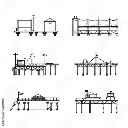 Detailed Wharf Drawing with Sea Horizon and Boats