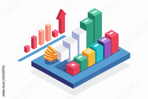 Isometric 3D illustration of a blue bar chart representing financial growth, business performance, or statistical analysis. The image features five ascending bars placed on a tech-style platform.