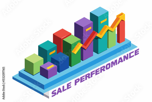 Isometric 3D illustration of a blue bar chart representing financial growth, business performance, or statistical analysis. The image features five ascending bars placed on a tech-style platform.