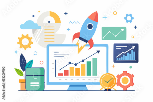 Isometric 3D illustration of a blue bar chart representing financial growth, business performance, or statistical analysis. The image features five ascending bars placed on a tech-style platform.