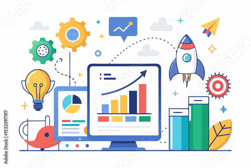 Isometric 3D illustration of a blue bar chart representing financial growth, business performance, or statistical analysis. The image features five ascending bars placed on a tech-style platform.