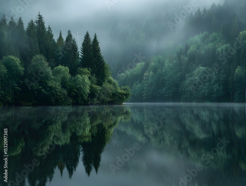 Misty forest lake landscape photo