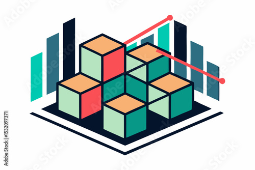 Isometric 3D illustration of a blue bar chart representing financial growth, business performance, or statistical analysis. The image features five ascending bars placed on a tech-style platform.