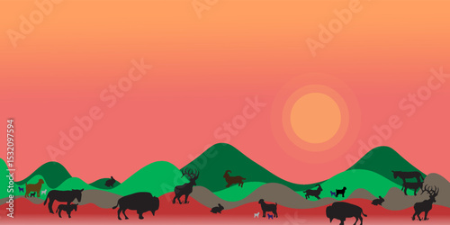 African savanna landscape. Wild animals in National park. Safari travel concept