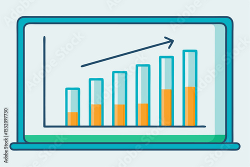 Isometric 3D illustration of a blue bar chart representing financial growth, business performance, or statistical analysis. The image features five ascending bars placed on a tech-style platform.
