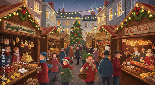 Christmas market scene illustration
