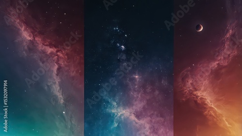 Celestial panorama displaying a crescent moon and vibrant nebulae across a colorful cosmic expanse